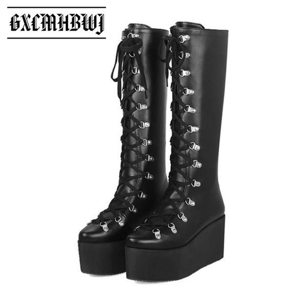 punk gothic motorcycle knee high women boots wedges heel platform ladies cross lace up demonia shoes size 46, Black 
punk gothic motorcycle knee high women boots wedges heel platform ladies cross lace up demonia shoes size 46, Black