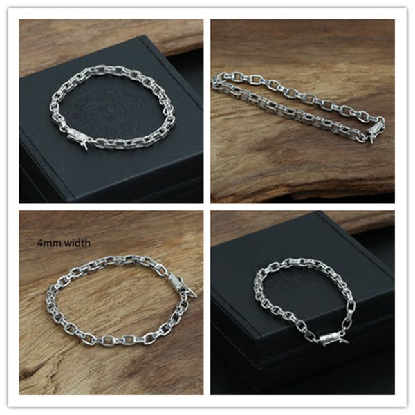 925 sterling silver 4mm link chain bracelets american european antique handmade punk gothic designer luxury jewelry accessories gifts for me, Black
925 sterling silver 4mm link chain bracelets american european antique handmade punk gothic designer luxury jewelry accessories gifts for me, Black