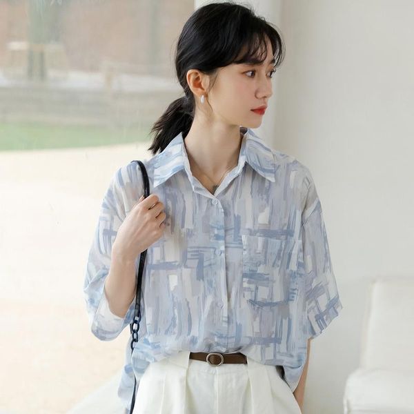women's blouses & shirts women summer korean vintage chiffon fashion chic lapel collar short sleeve geometric print loose female 2021, White
women's blouses & shirts women summer korean vintage chiffon fashion chic lapel collar short sleeve geometric print loose female 2021, White