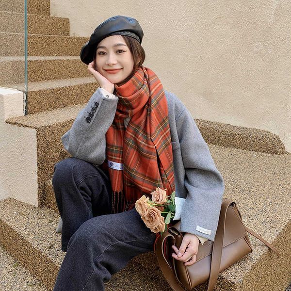east gate scarf female winter tassel color matching plaid shawl student christmas scarf warm bib, Blue;gray
east gate scarf female winter tassel color matching plaid shawl student christmas scarf warm bib, Blue;gray