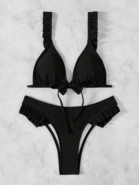 solid tie front ruffle trim bikini swimsuit f4gf#, White;black
solid tie front ruffle trim bikini swimsuit f4gf#, White;black