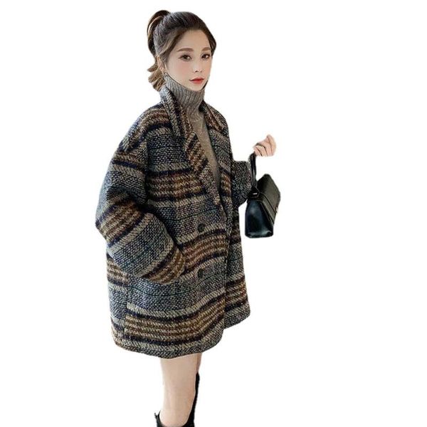 women's wool & blends winter korean overcoat women vintage woolen loose coats female double breasted turn-down collar plaid, Black
women's wool & blends winter korean overcoat women vintage woolen loose coats female double breasted turn-down collar plaid, Black