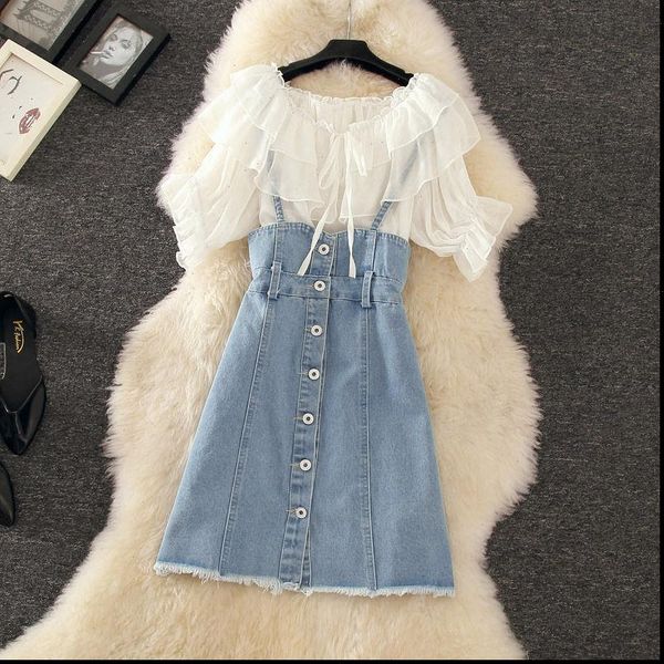 fashion women tracksuits chiffon blouses denim suspender skirt summer 2 pieces sets casual sweet short sleeve and a line, Gray
fashion women tracksuits chiffon blouses denim suspender skirt summer 2 pieces sets casual sweet short sleeve and a line, Gray