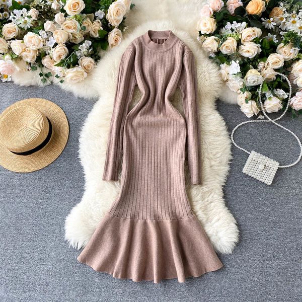 female dress korean winter autumn solid color all-match elegant knit dress turtleneck slim ruffles overknee trumpet 210420, Black;gray
female dress korean winter autumn solid color all-match elegant knit dress turtleneck slim ruffles overknee trumpet 210420, Black;gray