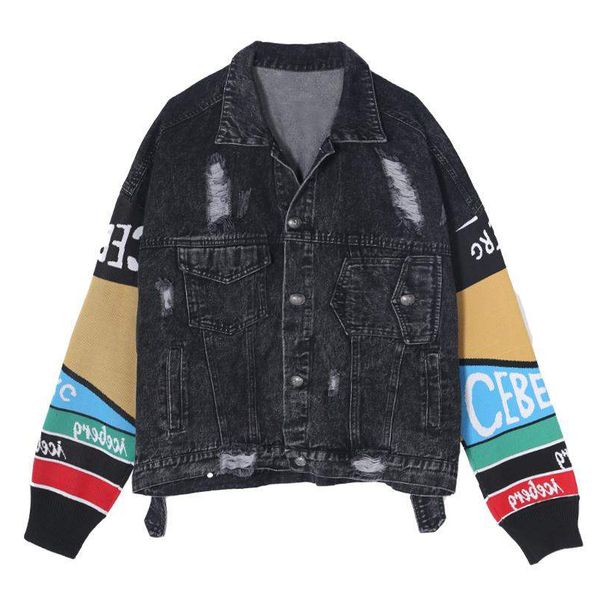 women black denim patchwork knitted letter long sleeve loose punk jacket button pocket turn down collar hole c0483 210514, Black;brown
women black denim patchwork knitted letter long sleeve loose punk jacket button pocket turn down collar hole c0483 210514, Black;brown