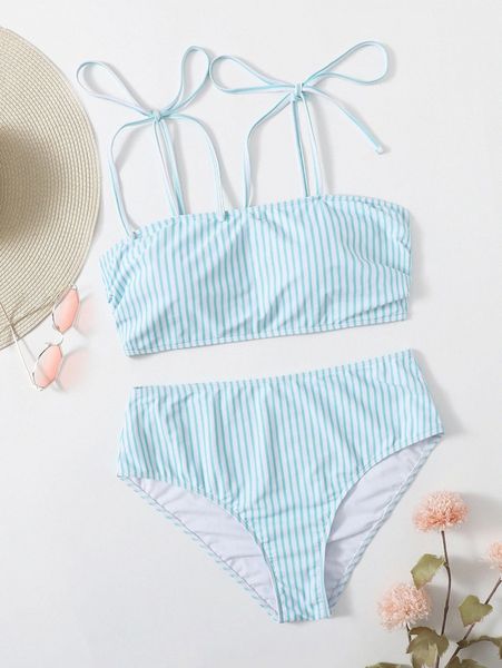 plus striped tie shoulder bikini swimsuit o8uh#, Black