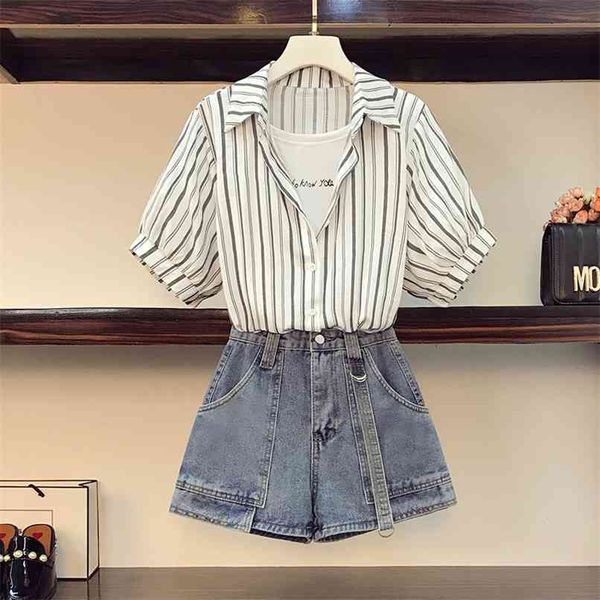 plus size 2 piece set women summer casual patchwork striped shirt + short jeans suits denim shorts outfits female 210602, White
plus size 2 piece set women summer casual patchwork striped shirt + short jeans suits denim shorts outfits female 210602, White