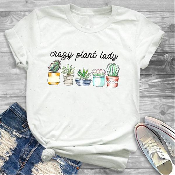 fashion plants cactus print graphic women o neck streetwear tee, White