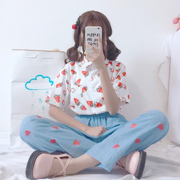 women's blouses & shirts japan kawaii ladies vintage strawberry print blouse female korean punk harajuku single breasted blusa, White
women's blouses & shirts japan kawaii ladies vintage strawberry print blouse female korean punk harajuku single breasted blusa, White