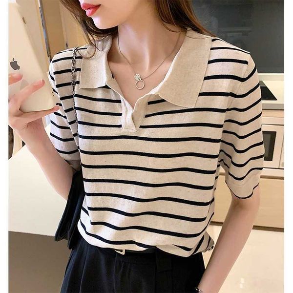 korean chic new summer striped knitted t-shirts women casual turn-down collar short sleeve harajuku tees aesthetic clothes 2021 y0621, White
korean chic new summer striped knitted t-shirts women casual turn-down collar short sleeve harajuku tees aesthetic clothes 2021 y0621, White