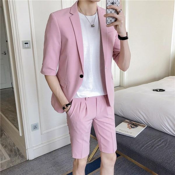 men's suits & blazers men suit set slim fit half sleeve knee length pants korean style clothing pink white summer jacket with short pan, White;black
men's suits & blazers men suit set slim fit half sleeve knee length pants korean style clothing pink white summer jacket with short pan, White;black