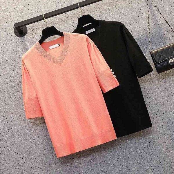 4xl plus size women summer kint t-shirt loose casual short sleeve v neck button oversized sweater pullover jumper 210604, White;black
4xl plus size women summer kint t-shirt loose casual short sleeve v neck button oversized sweater pullover jumper 210604, White;black