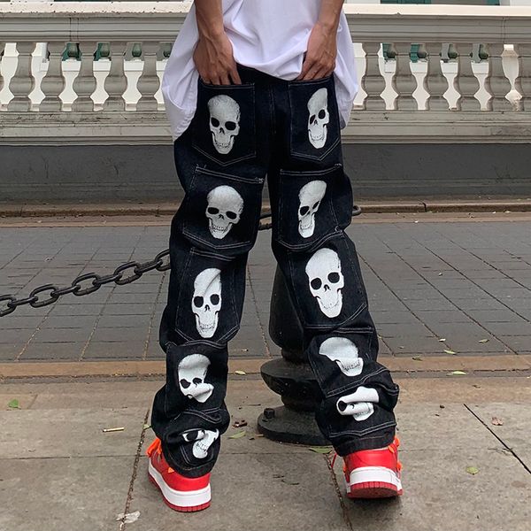 multi-pockets skull print retro denim trousers men and women straight washed hip hop oversize casual jeans pants, Blue
multi-pockets skull print retro denim trousers men and women straight washed hip hop oversize casual jeans pants, Blue