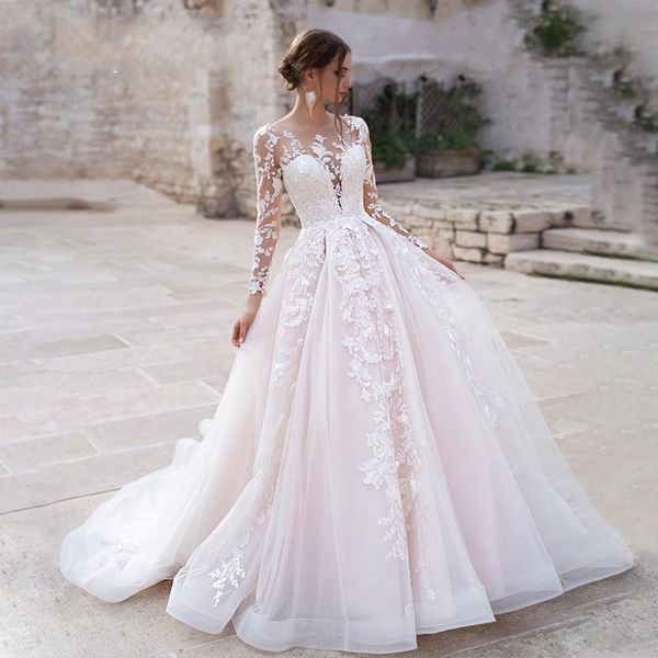 long sleeve princess blush wedding dress 2021 tulle bride dress chapel train lace appliques bridal gowns vestido de noiva, White
long sleeve princess blush wedding dress 2021 tulle bride dress chapel train lace appliques bridal gowns vestido de noiva, White