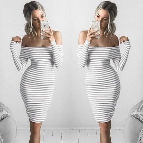 women dress slim fit striped vestidos bodycon evening party clothes off the shoulder long sleeve pencil mini casual dresses, Black;gray
women dress slim fit striped vestidos bodycon evening party clothes off the shoulder long sleeve pencil mini casual dresses, Black;gray