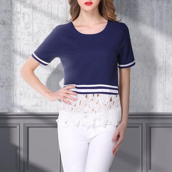 women's t-shirt fashion all-match round neck lace stitching short-sleeved navy blue, White
women's t-shirt fashion all-match round neck lace stitching short-sleeved navy blue, White