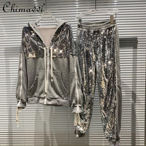women's two piece pants fashionable sequins zipper hooded+elastic waist stitching ankle-tied sweatpants 2021 spring/autumn casual sport, White
women's two piece pants fashionable sequins zipper hooded+elastic waist stitching ankle-tied sweatpants 2021 spring/autumn casual sport, White