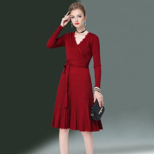 casual dresses autumn winter women knitted dress v neck lace sweater long sleeve sashes slim pleated party vestidos sf975, Black;gray
casual dresses autumn winter women knitted dress v neck lace sweater long sleeve sashes slim pleated party vestidos sf975, Black;gray