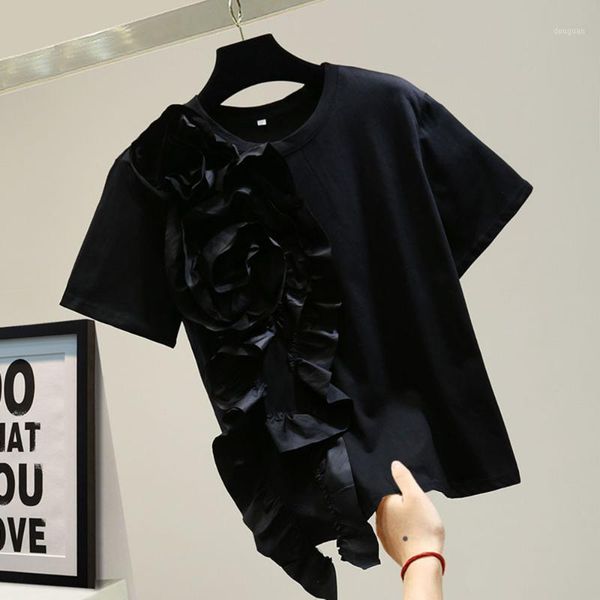 women's t-shirt three-dimensional flower female 2021 summer japanese loose black tee fashion personality stitching women, White
women's t-shirt three-dimensional flower female 2021 summer japanese loose black tee fashion personality stitching women, White