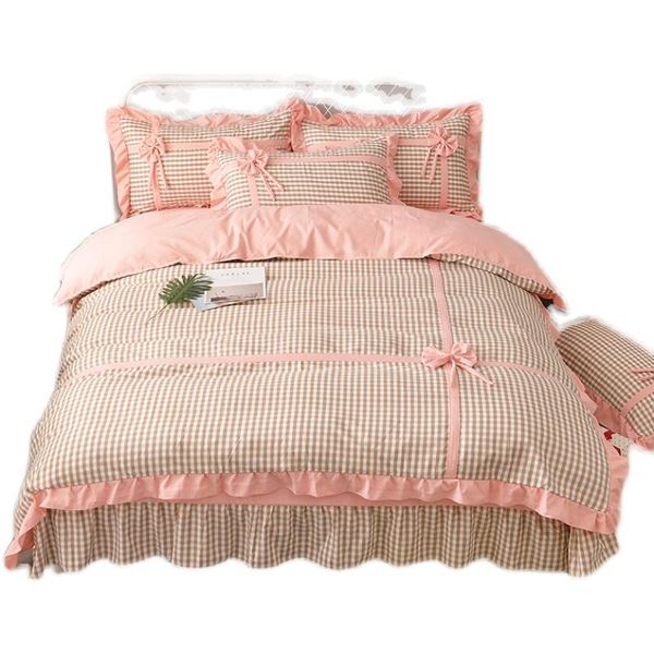bedding sets 96% cotton simple checks home set sheet duvet cover pillowcases four pieces sweet bowknot decor f14
bedding sets 96% cotton simple checks home set sheet duvet cover pillowcases four pieces sweet bowknot decor f14