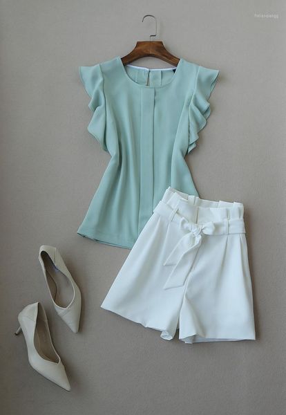 women summer ruffled short sleeve blouse and white shorts fashion clothing set women's tracksuits, Gray
women summer ruffled short sleeve blouse and white shorts fashion clothing set women's tracksuits, Gray