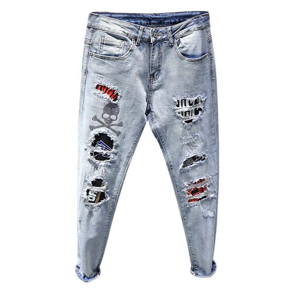 men's jeans denimjeans 2021 fashion beggar hole skull drilling korean feet pants personality teenagers students pencil, Blue
men's jeans denimjeans 2021 fashion beggar hole skull drilling korean feet pants personality teenagers students pencil, Blue