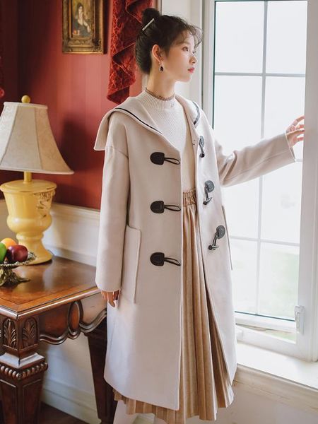 women's wool & blends charm navy collar women en coats autumn design winter outerwear fashion big size retro horn buckle overcoat 6x4j, Black
women's wool & blends charm navy collar women en coats autumn design winter outerwear fashion big size retro horn buckle overcoat 6x4j, Black