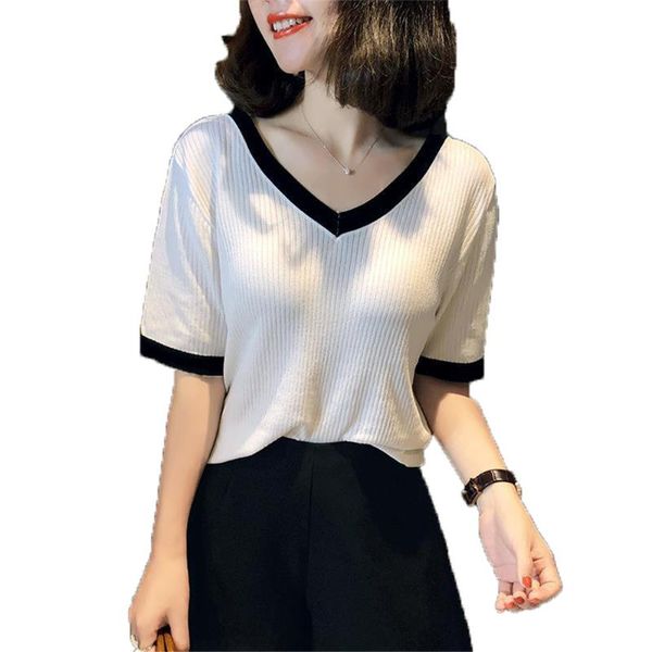 women summer knitted shirt casual loose color matching short sleeve sweater slim v-neck pullover femme 2021 blusa zy4938 women's sweate, White;black
women summer knitted shirt casual loose color matching short sleeve sweater slim v-neck pullover femme 2021 blusa zy4938 women's sweate, White;black