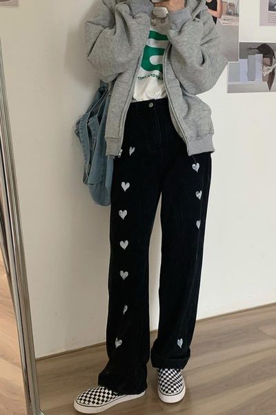 women high-waist straight loose denim trousers korean spring girly cute and fun love printed wide-leg jeans women's, Blue
women high-waist straight loose denim trousers korean spring girly cute and fun love printed wide-leg jeans women's, Blue