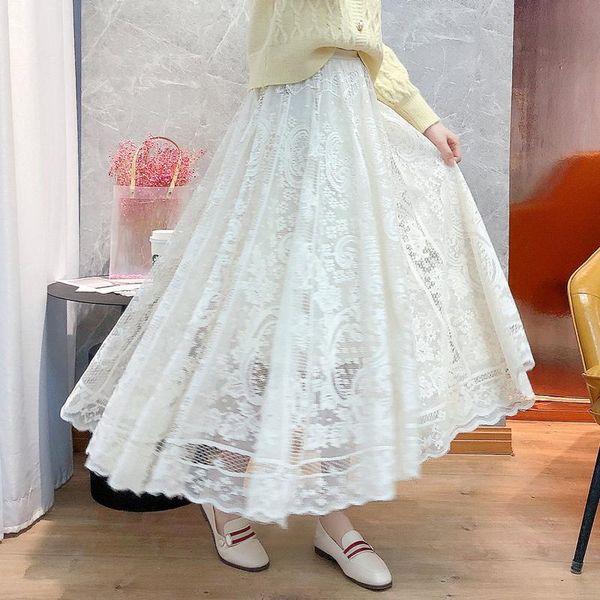 skirts spring and summer high waist lace elegant women's long skirt vintage white ladies casual plus size maxi lady, Black 
skirts spring and summer high waist lace elegant women's long skirt vintage white ladies casual plus size maxi lady, Black