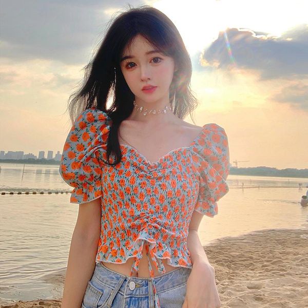 women's blouses & shirts french floral drawstring short puff sleeve shirt women, White
women's blouses & shirts french floral drawstring short puff sleeve shirt women, White