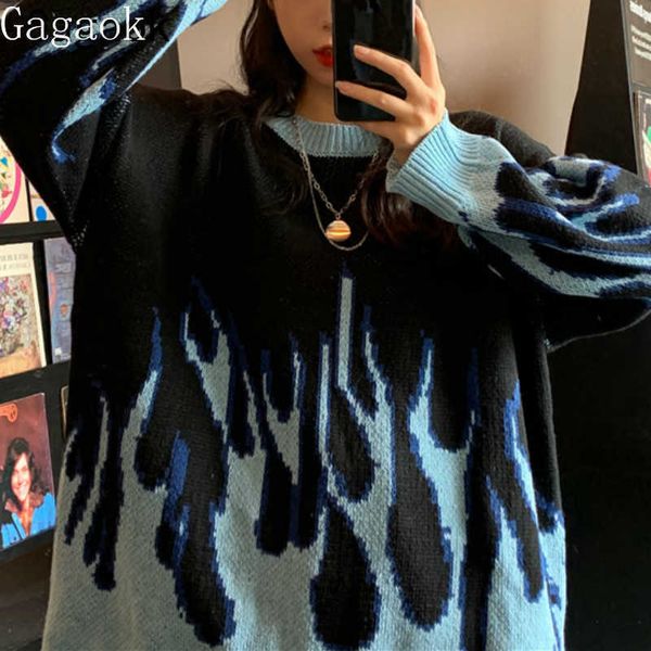 women flame sweater spring autumn o-neck streetwear loose casual knit sweaters harajuku wild fashion pullovers 210531, White;black
women flame sweater spring autumn o-neck streetwear loose casual knit sweaters harajuku wild fashion pullovers 210531, White;black