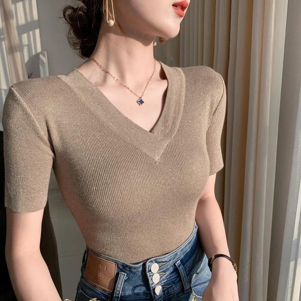 2021fashion spring summerv-neck bright silk short sleeve sweater women's pullover slim bottoming shirt t-shirt, White
2021fashion spring summerv-neck bright silk short sleeve sweater women's pullover slim bottoming shirt t-shirt, White