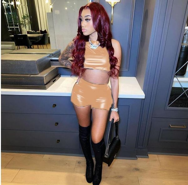 women's tracksuits two piece set spring casual sleeveless t-shirt pu leather shorts suit for women solid color halter, Gray
women's tracksuits two piece set spring casual sleeveless t-shirt pu leather shorts suit for women solid color halter, Gray
