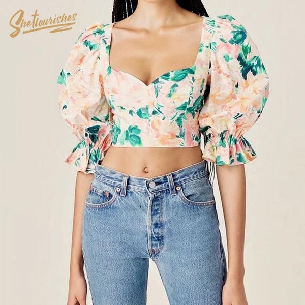 women's blouses & shirts sheflourishes for love flower print women puff sleeve cropped female backless lemons cute lace up blusas, White
women's blouses & shirts sheflourishes for love flower print women puff sleeve cropped female backless lemons cute lace up blusas, White