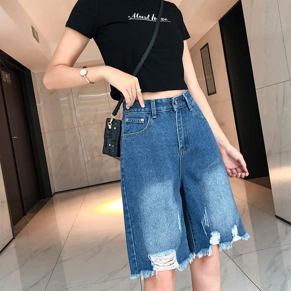 women's jeans 2021 summer female half with holes high waist button knee-length woman tassel hem young girls' denim trousers, Blue 
women's jeans 2021 summer female half with holes high waist button knee-length woman tassel hem young girls' denim trousers, Blue