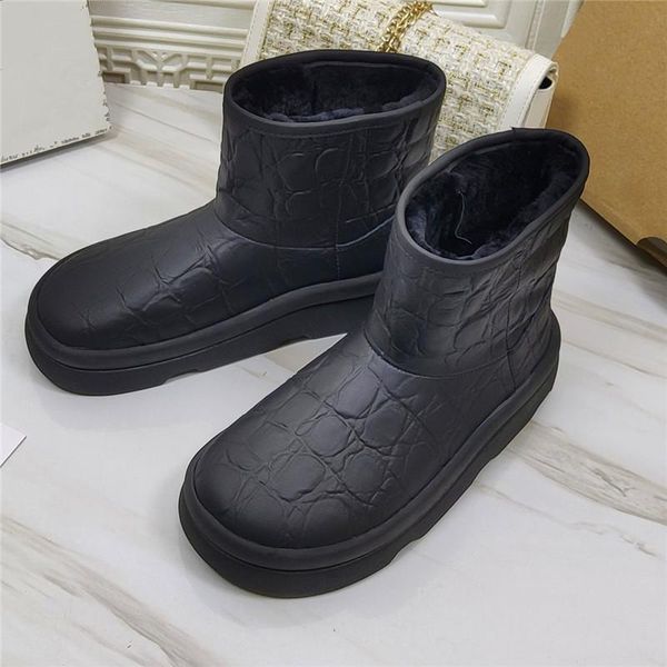 boots stone grain design women's short round toe thick-soled fashion winter casual, Black
