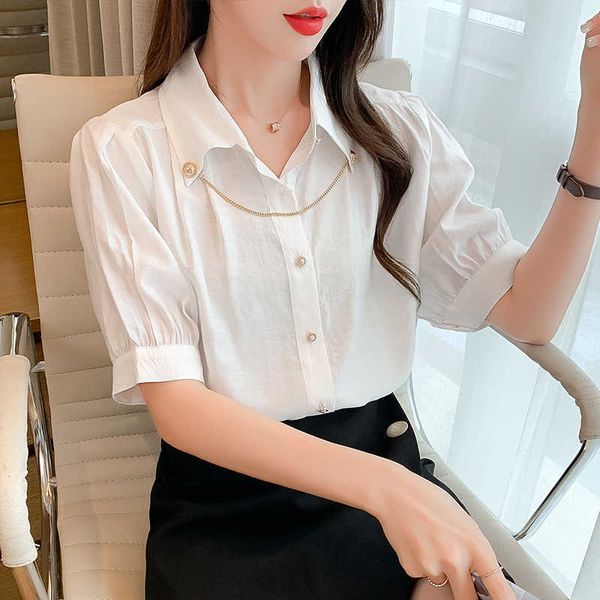 chiffon blouses for women women's shirt white button up with chain summer female short sleeve ol 210604
chiffon blouses for women women's shirt white button up with chain summer female short sleeve ol 210604