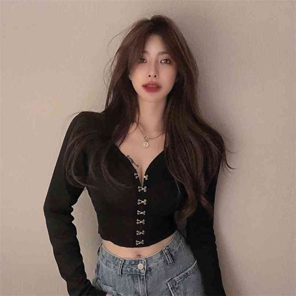 women black deep v neck knitting crop spring autumn metal buckles slim fit short tee shirts harajuku street casual 210603, White
women black deep v neck knitting crop spring autumn metal buckles slim fit short tee shirts harajuku street casual 210603, White