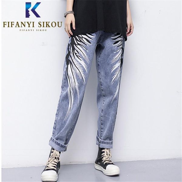 women's jeans high waist women streetwear fashion print female loose plus size long trousers washed denim straight pants, Blue
women's jeans high waist women streetwear fashion print female loose plus size long trousers washed denim straight pants, Blue
