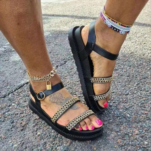 woman candy-colored metal chain decoration strap flat-heeled thick-soled non-slip comfortable fashion casual all-match sandals, Black
woman candy-colored metal chain decoration strap flat-heeled thick-soled non-slip comfortable fashion casual all-match sandals, Black