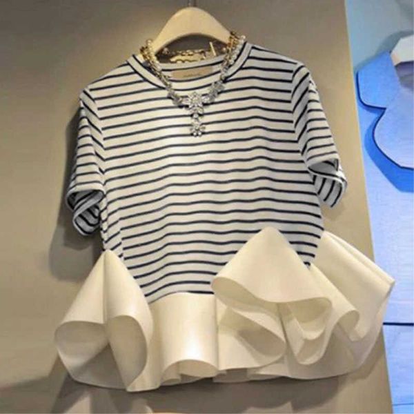 spring summer irregular ruffles patchwork striped short-sleeved o neck t-shirt women's 210615, White
spring summer irregular ruffles patchwork striped short-sleeved o neck t-shirt women's 210615, White