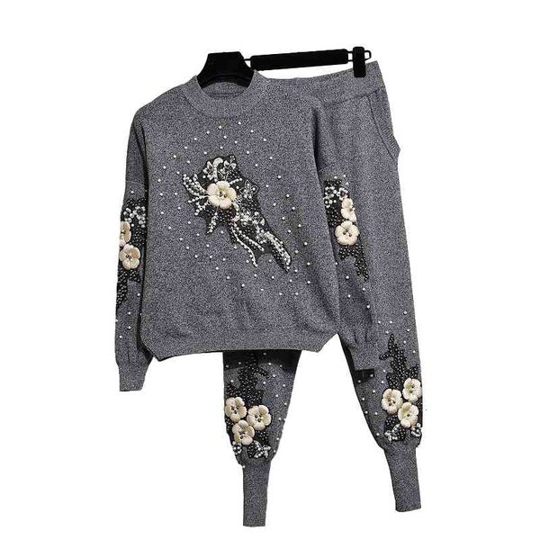 women's tracksuits autumn korean fashion beading flower loose long sleeve knitted sweater + little feet pants 2 piece set g513 uzn, Gray
women's tracksuits autumn korean fashion beading flower loose long sleeve knitted sweater + little feet pants 2 piece set g513 uzn, Gray