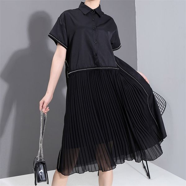 new fashion woman summer korean style black pleated shirt dress chiffon patchwork lapel ladies cute casual midi dress robe 6168, Black;gray
new fashion woman summer korean style black pleated shirt dress chiffon patchwork lapel ladies cute casual midi dress robe 6168, Black;gray