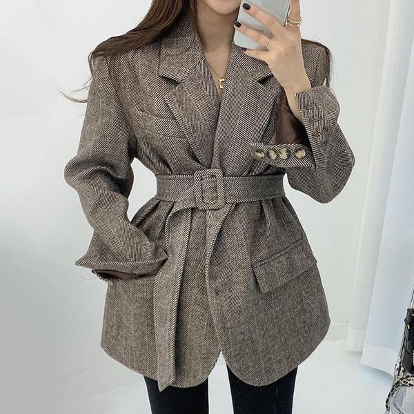 women's jackets korean lapel herringbone ring buckle strap waist pocket long sleeve apricot tweed suit coat women fashion 2021 n133, Black;brown
women's jackets korean lapel herringbone ring buckle strap waist pocket long sleeve apricot tweed suit coat women fashion 2021 n133, Black;brown