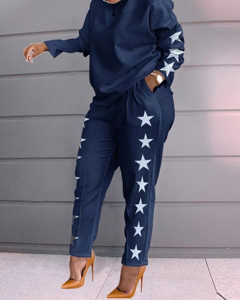 women's two piece pants 2021 autumn fashion star print suit round neck loose t-shirt elastic waist pocket sports casual combination two, White
women's two piece pants 2021 autumn fashion star print suit round neck loose t-shirt elastic waist pocket sports casual combination two, White