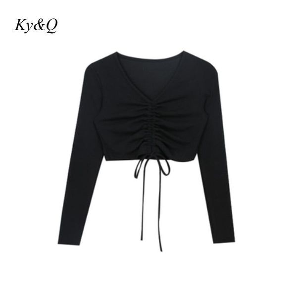 women's t-shirt 2021 design v-neck black drawstring short long sleeve women fashion exposed navel pleated clothes, White
women's t-shirt 2021 design v-neck black drawstring short long sleeve women fashion exposed navel pleated clothes, White
