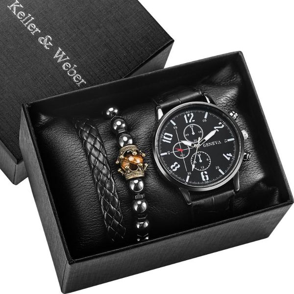 wristwatches fashion quartz men watch set leather watchband casual stainless steel case present for male business clock bracelet, Slivery;brown