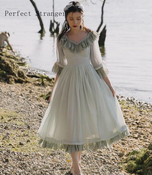 casual dresses 2021 summer arrival retro v collar flare sleeve women lace chiffon long dress1, Black;gray 
casual dresses 2021 summer arrival retro v collar flare sleeve women lace chiffon long dress1, Black;gray