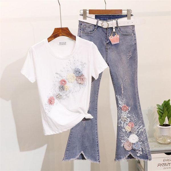 women's tracksuits spring summer korean flare women two piece set beading embroidery flower cotton t shirt jeans denim trousers suit, Gray 
women's tracksuits spring summer korean flare women two piece set beading embroidery flower cotton t shirt jeans denim trousers suit, Gray